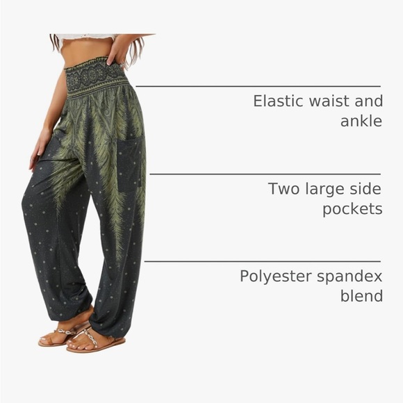 Green Harem High Waist Yoga Boho Trousers with Pockets - Picture 2 of 9